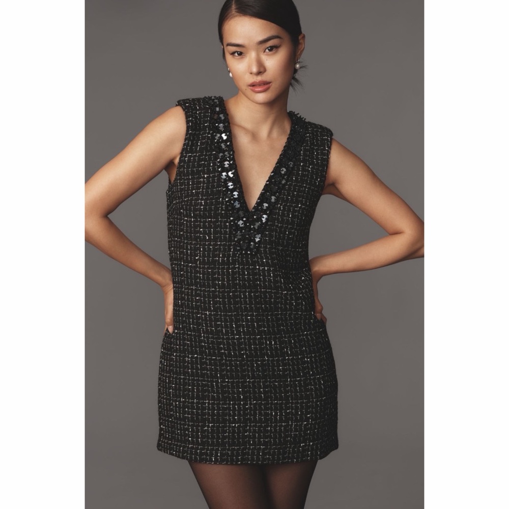 ANTHROPOLOGIE Maeve Black Tweed V-Neck Sequin Trim Mini Dress Sleeveless M NWT
